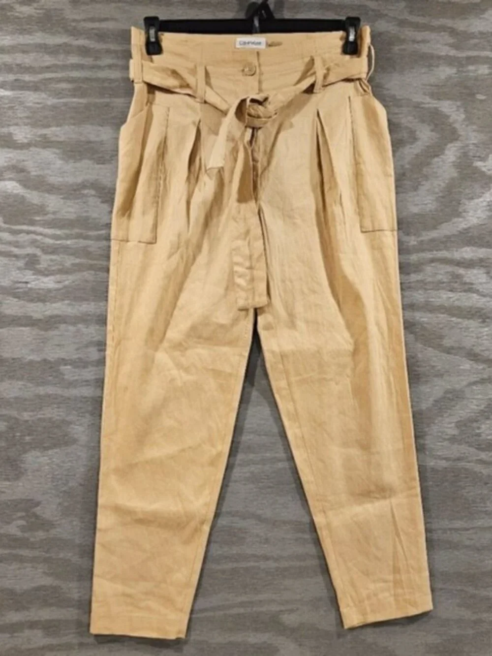 Calvin Klein SZ 4 Tan Belted Paper Bag Pleated Linen Blend Pant Baggy Tapered